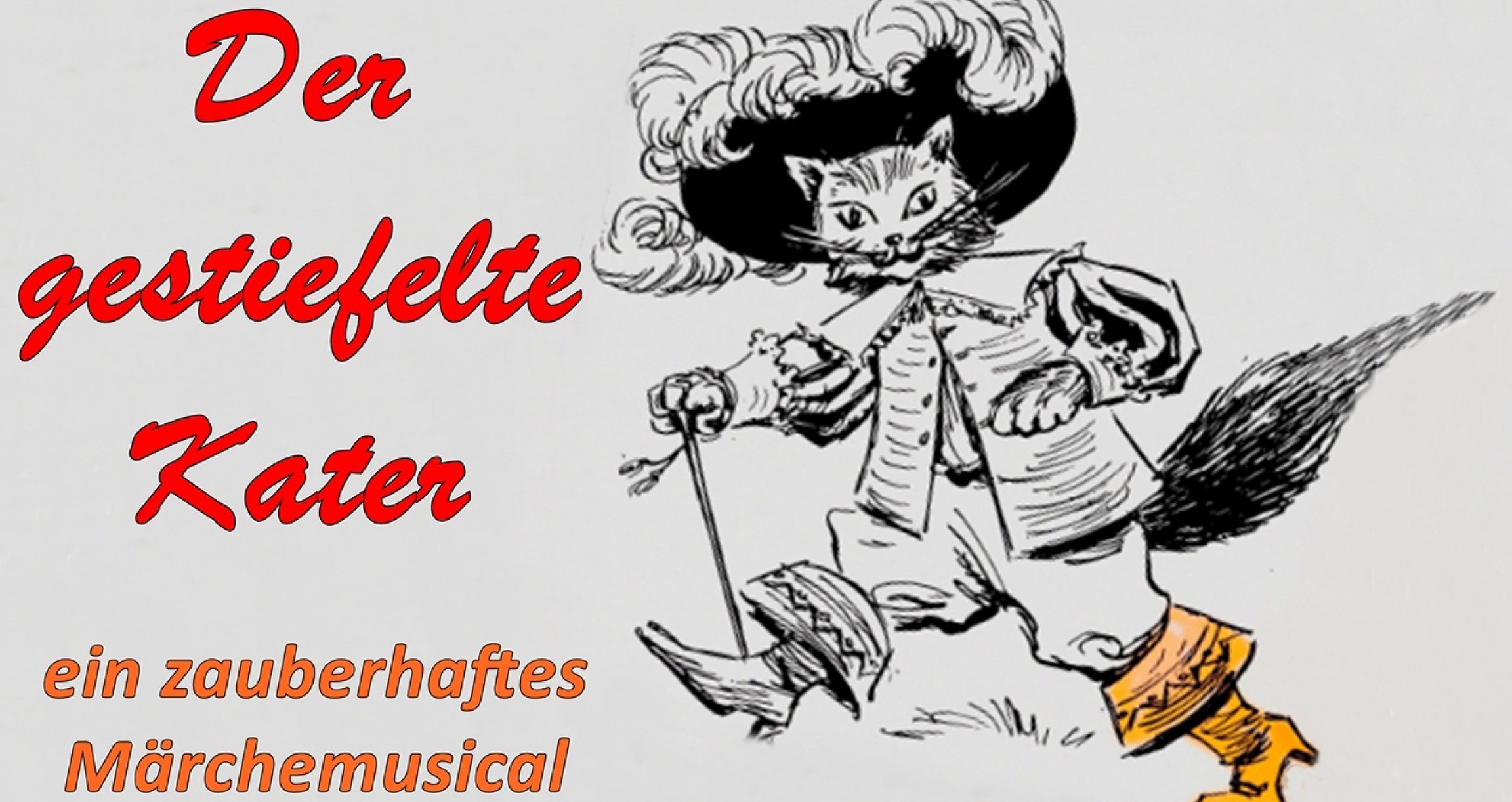 Illustration vom gestiefelten Kater mit roter und orangener Typografie auf grauem Hintergrund.