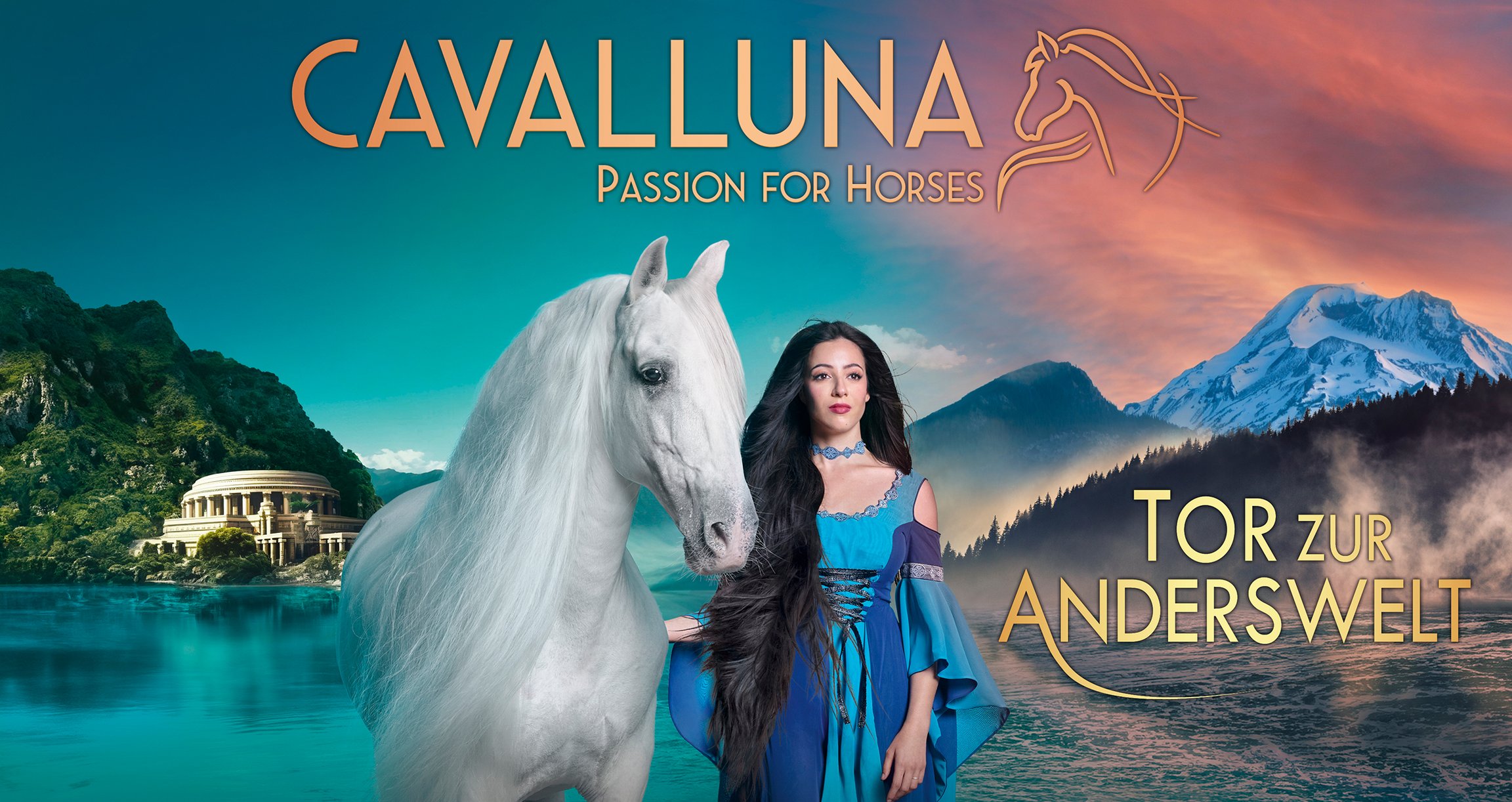 Plakat der Veranstaltung „Cavalluna“, mit einem Mädchen und einem Pferd und im Hintergrund eine Landschaft mit Bergen und einem See.