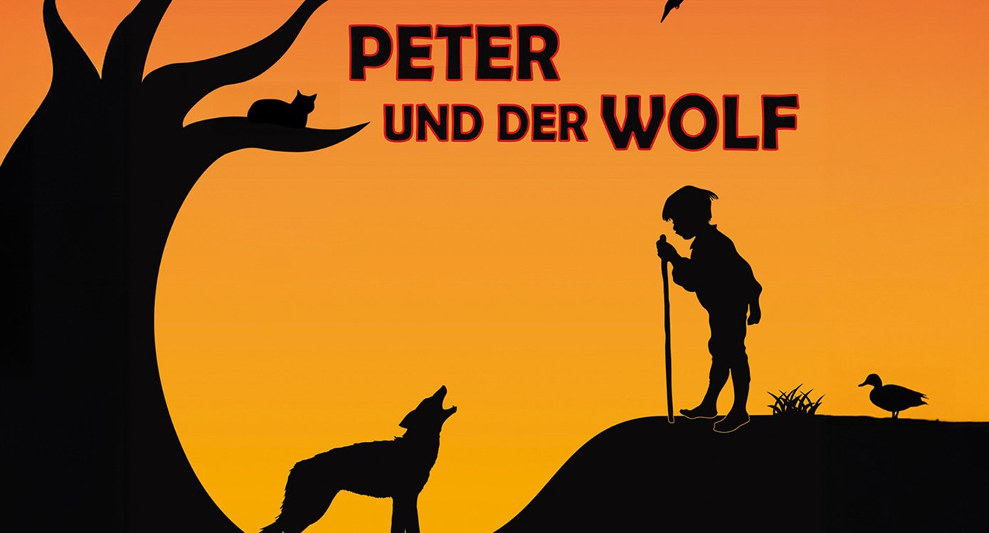 Veranstaltungsposter in kräftigem Orange, gestaltet mit einer schwarzen, stilisierten Illustration, die einen Baum, einen Wolf, eine Ente und einen Jungen mit einem Ast in der Hand zeigt