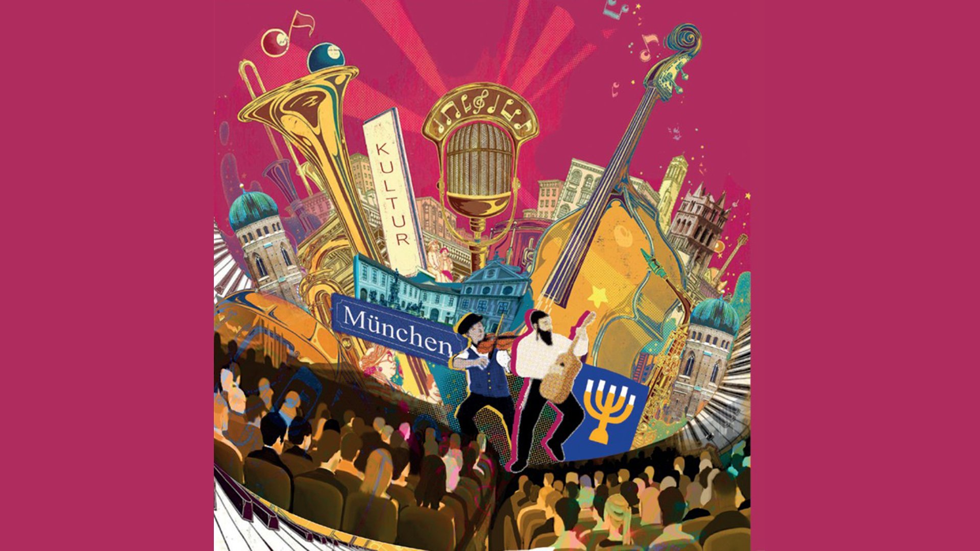 Illustration zu den Jüdischen Kulturtagen in München mit Musikinstrumenten, kulturellen Symbolen, Münchner Wahrzeichen und Publikum vor magentafarbenem Hintergrund. Im Zentrum stehen ein Mikrofon, eine Menora sowie Schilder mit den Begriffen Kultur und München