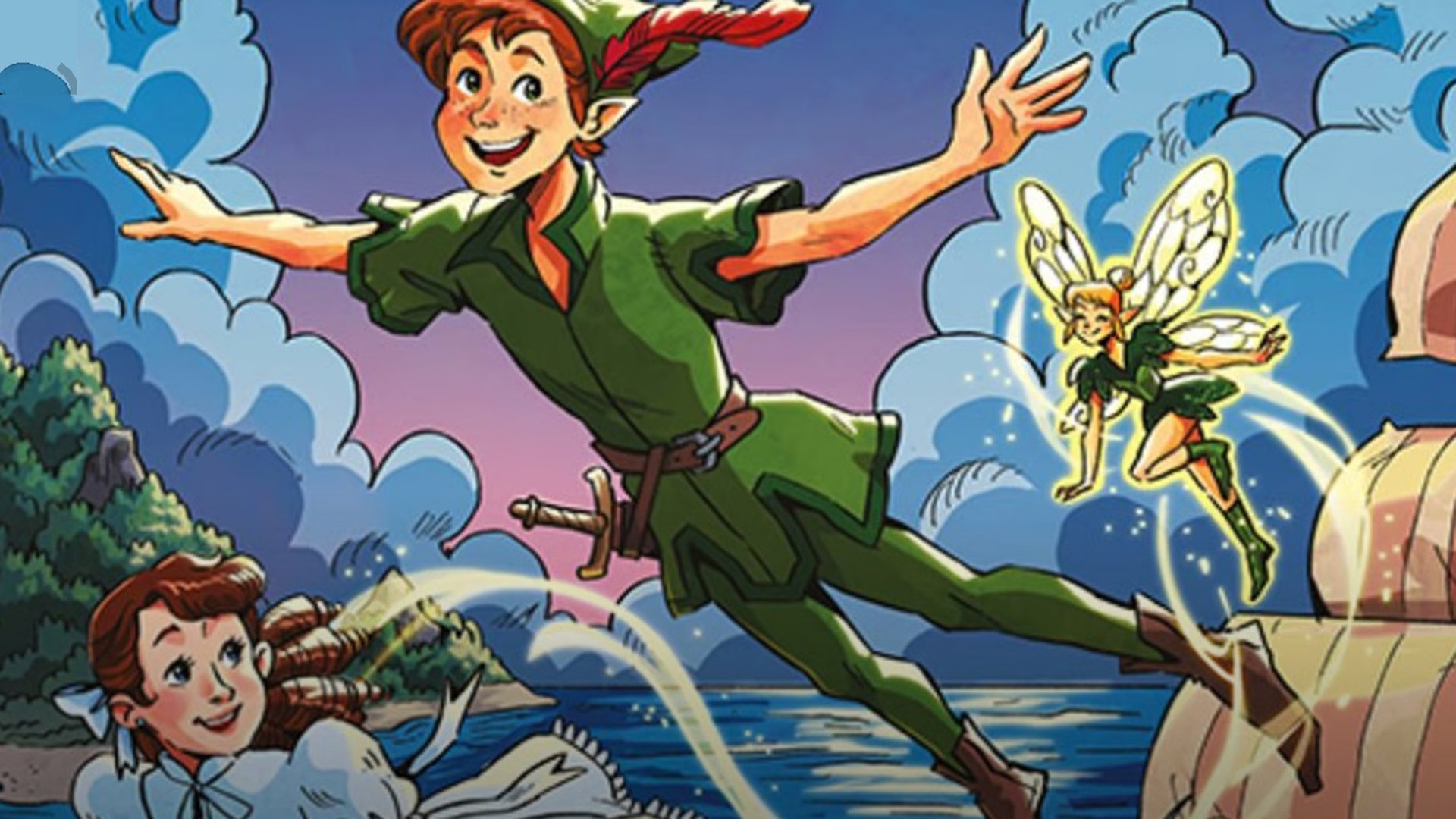 Illustration zu Peter Pan mit der fliegenden Titelfigur in grünem Kostüm über dem Meer, begleitet von einer geflügelten Fee, während Wendy am Ufer nach oben blickt, vor wolkenreichem Himmel und Küstenlandschaft