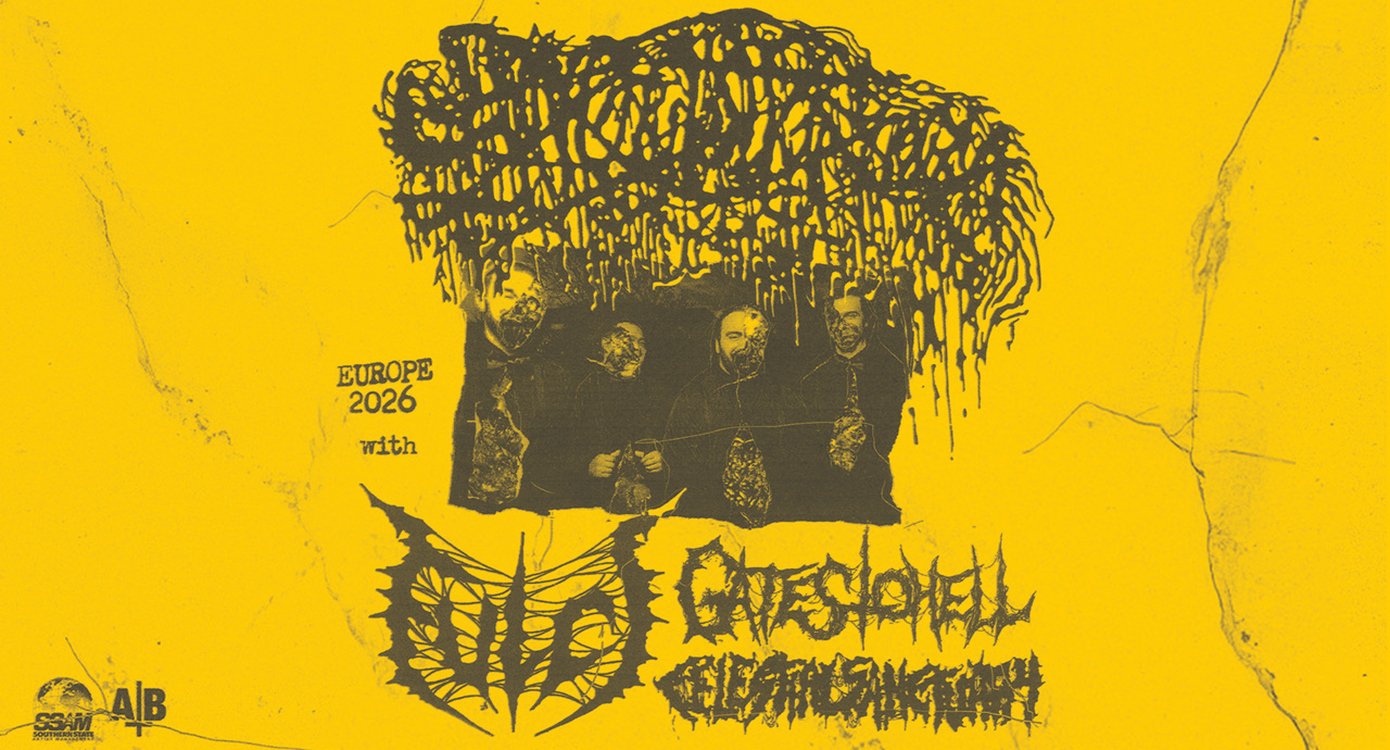 Artwork der Band mit einer grauen Illustration auf gelbem Hintergrund.