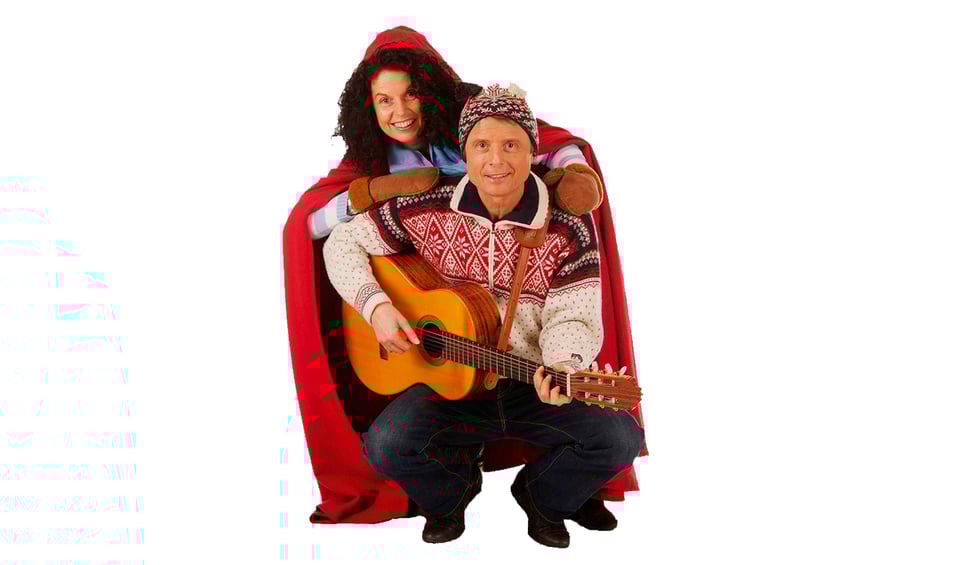 Bild eines Mannes mit einer Gitarre und einer Frau mit einem roten Umhang auf weißem Hintergrund
