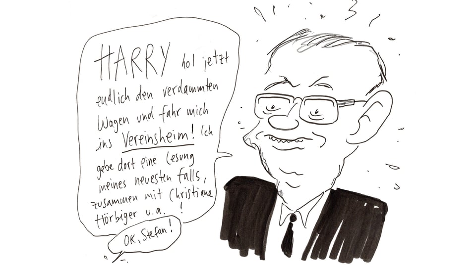 Schwarz‑weiße Cartoon‑Zeichnung eines älteren Mannes im Anzug mit Brille; links neben ihm befindet sich eine große Sprechblase mit handgeschriebenem Text vor weißem Hintergrund