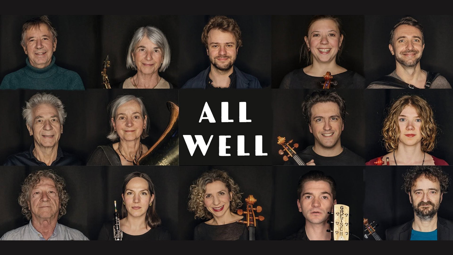 Collage aus 14 Portraits der All Well Kleinkunstfamilie vor schwarzem Hintergrund mit der Aufschrift ALL WELL in der Mitte des Bildes in weiß