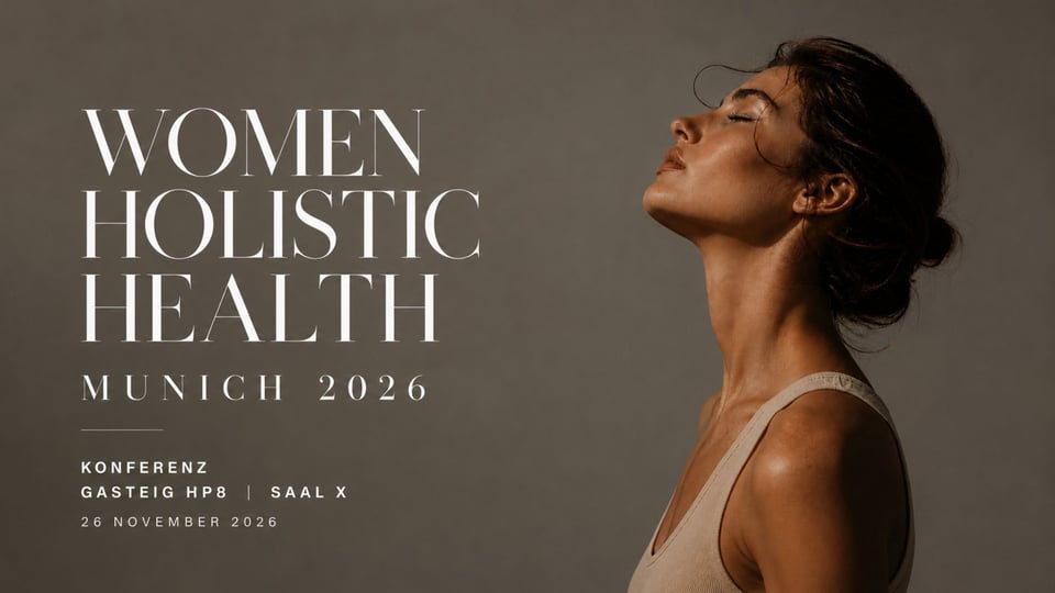 Copilot said: Plakat Women Holistic Health Munich 2026 mit seitlichem Porträt einer Person im hellen Top vor grauem Hintergrund sowie großem Schriftzug Women Holistic Health Munich 2026 und Angaben zu Konferenz, Veranstaltungsort und Datum.