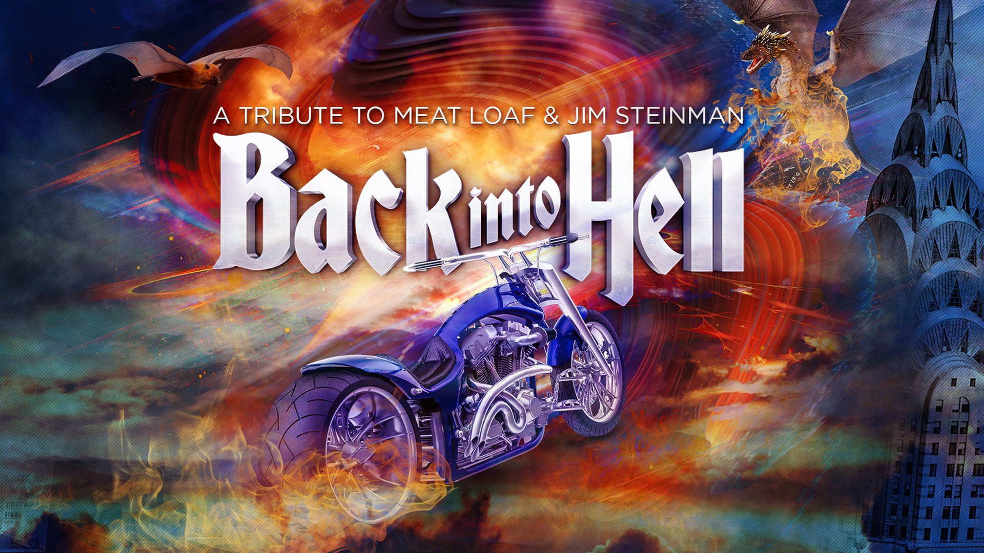 Farbiges Foto für das Event ‚Back Into Hell‘ mit dem Event-Logo und einem Motorrad