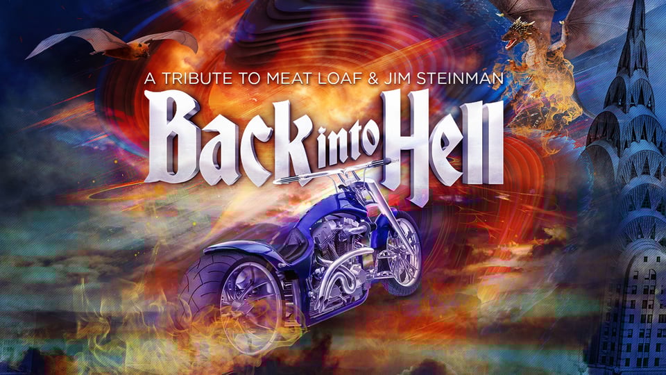 Farbiges Foto für das Event ‚Back Into Hell‘ mit dem Event-Logo und einem Motorrad