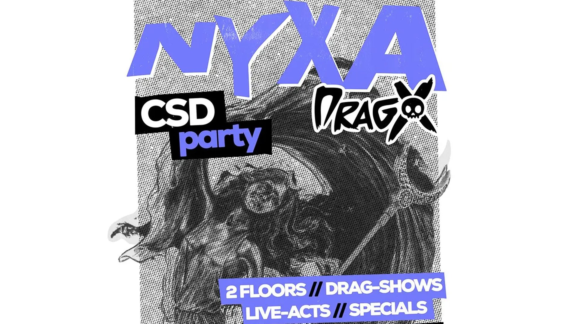 Plakat in schwarz-weiss mit lila Aufschrift Nyxa CSD Party und weiteren Inhalten