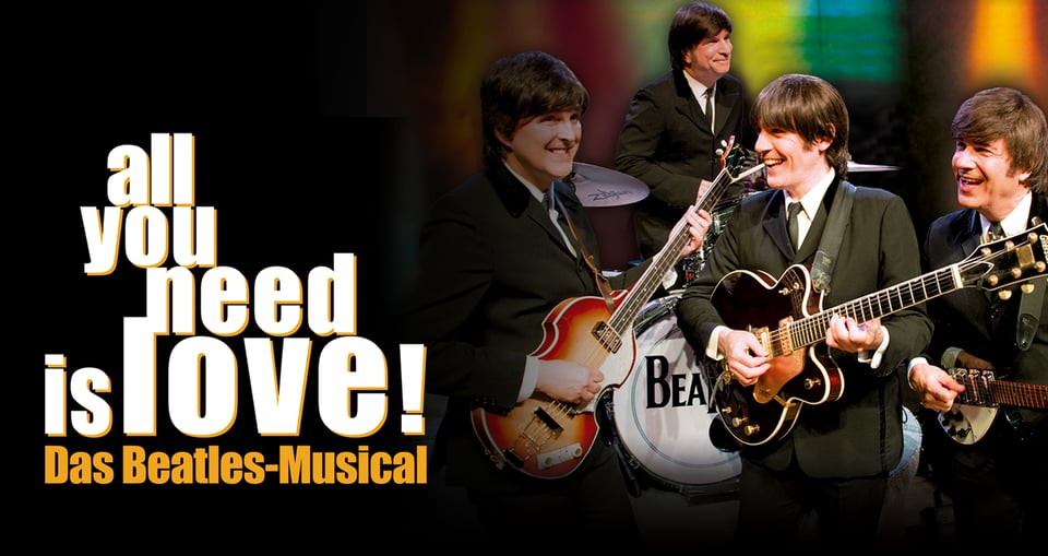 Eine Collage mit einem Foto einer Männergruppe, die wie die Beatles gekleidet ist, schwarzer Hintergrund und weiß-gelbe Typografie.