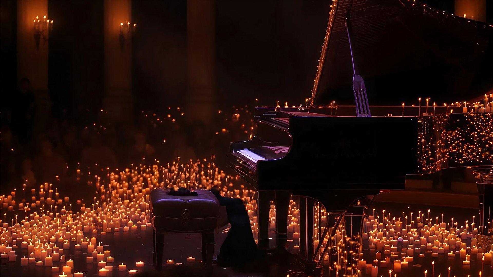 Flügel mit Hocker auf einer Bühne, umgeben von zahlreichen brennenden Kerzen in einem dunklen Konzertsaal
