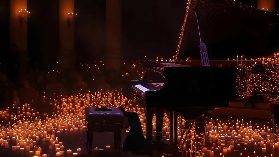 Flügel mit Hocker auf einer Bühne, umgeben von zahlreichen brennenden Kerzen in einem dunklen Konzertsaal