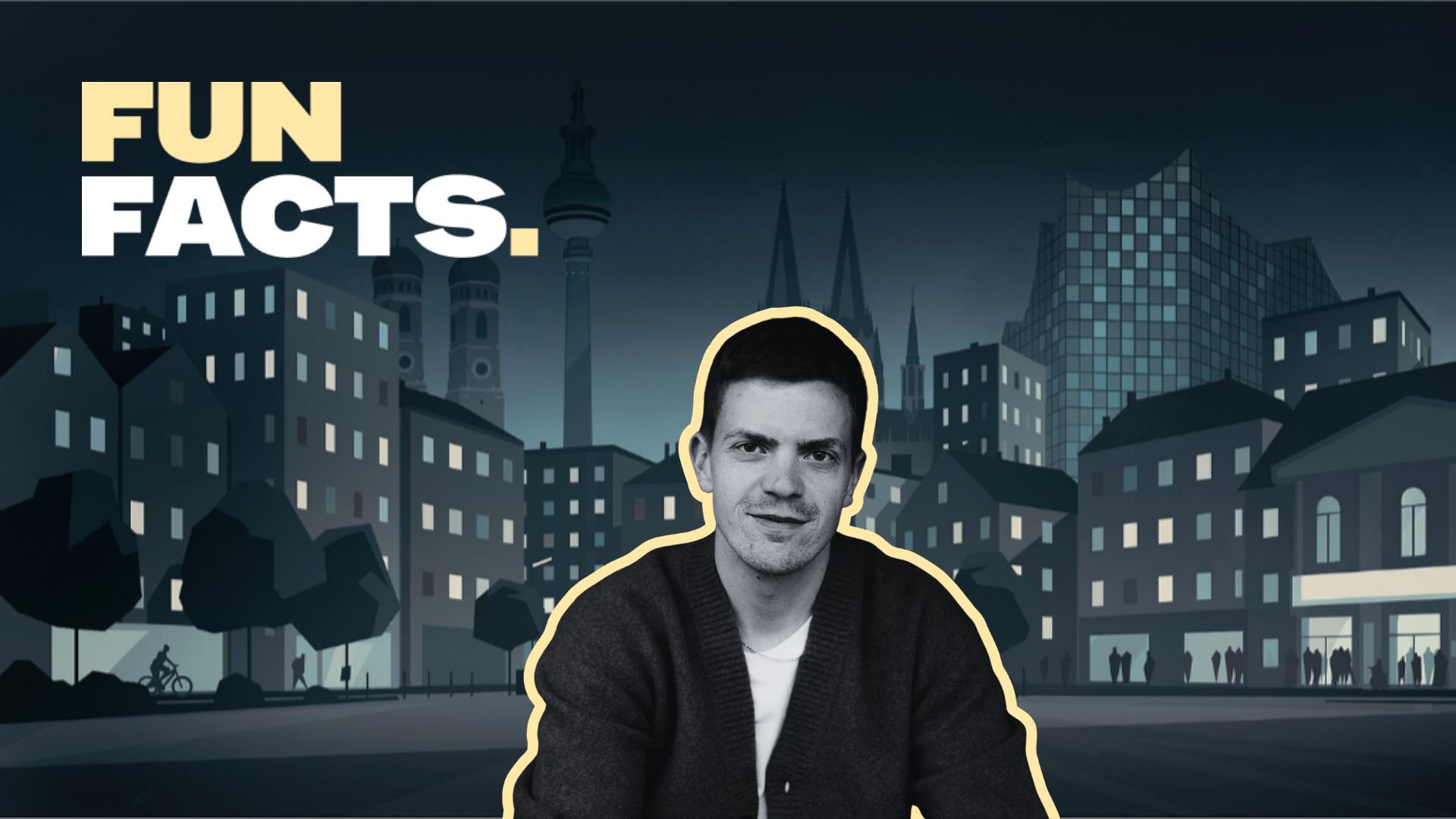 Ferdinnd Hofer steht vor einer stilisierten nächtlichen Stadtillustration mit dem Schriftzug FUN FACTS links oben