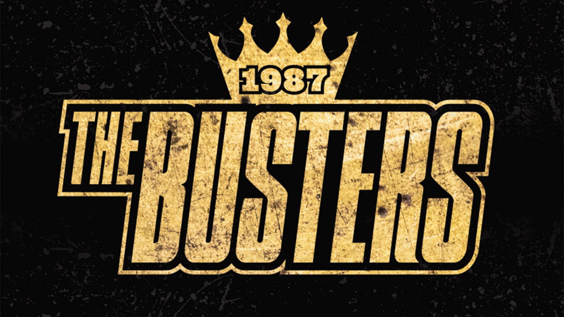 Logo der Band The Busters mit goldener Schrift und Krone auf schwarzem Hintergrund, darüber die Jahreszahl 1987