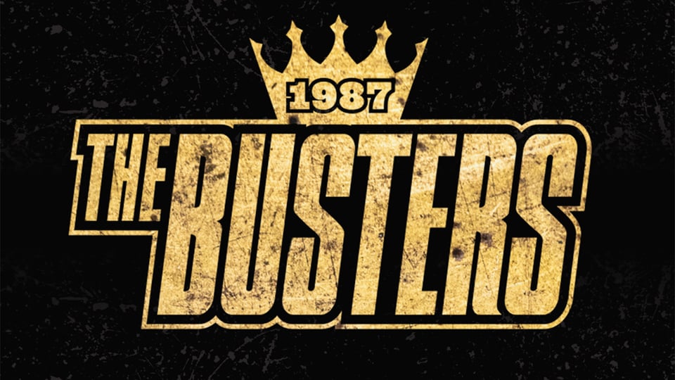 Logo der Band The Busters mit goldener Schrift und Krone auf schwarzem Hintergrund, darüber die Jahreszahl 1987