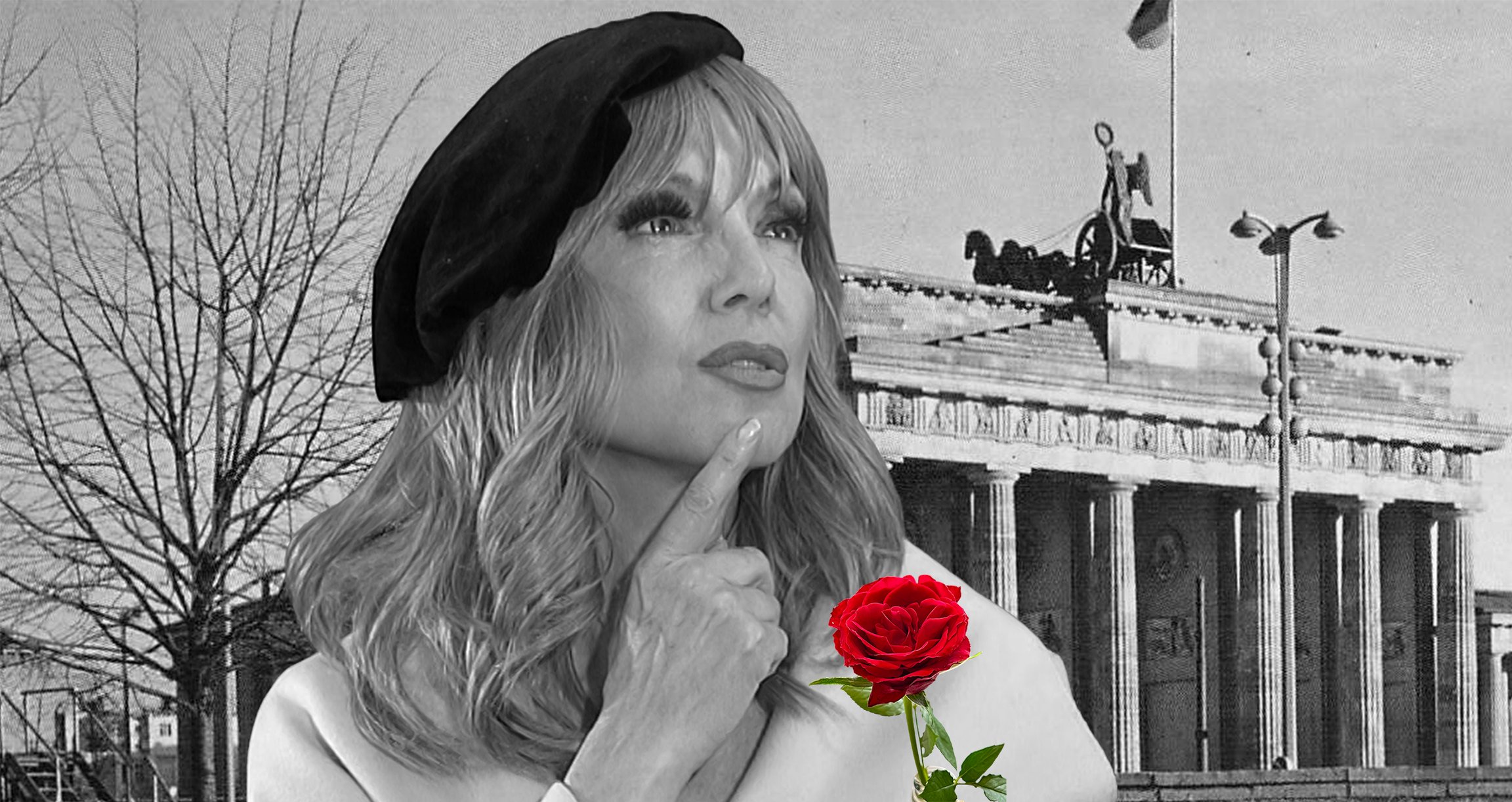 schwarz weiss Bild mit blonder Dame vor historischem Bauwerk und roter Rose