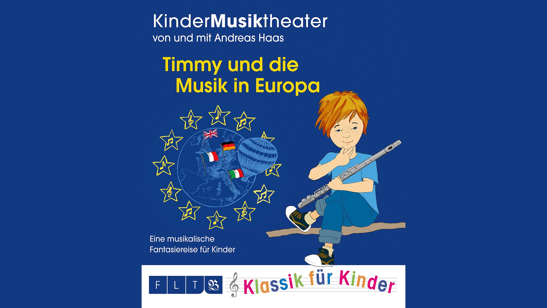 inder-Musiktheater-Plakat mit gezeichneter Figur, Europa-Motiv und Notensymbolen.