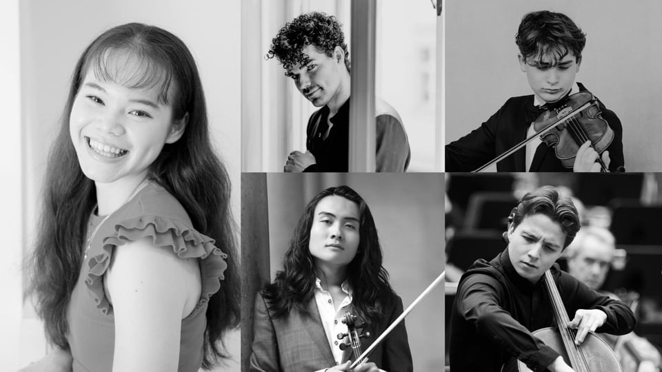 Fünfteilige Collage aus schwarz-weiß Portraits verschiedener Musiker*innen mit Instrumenten