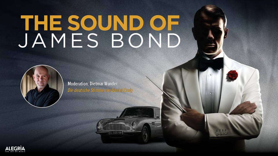 Keyvisual zum Event „The Sound of James Bond“ mit eleganter Figur im weißen Smoking, Schriftzug des Veranstaltungstitels und einem klassischen Sportwagen im Hintergrund.