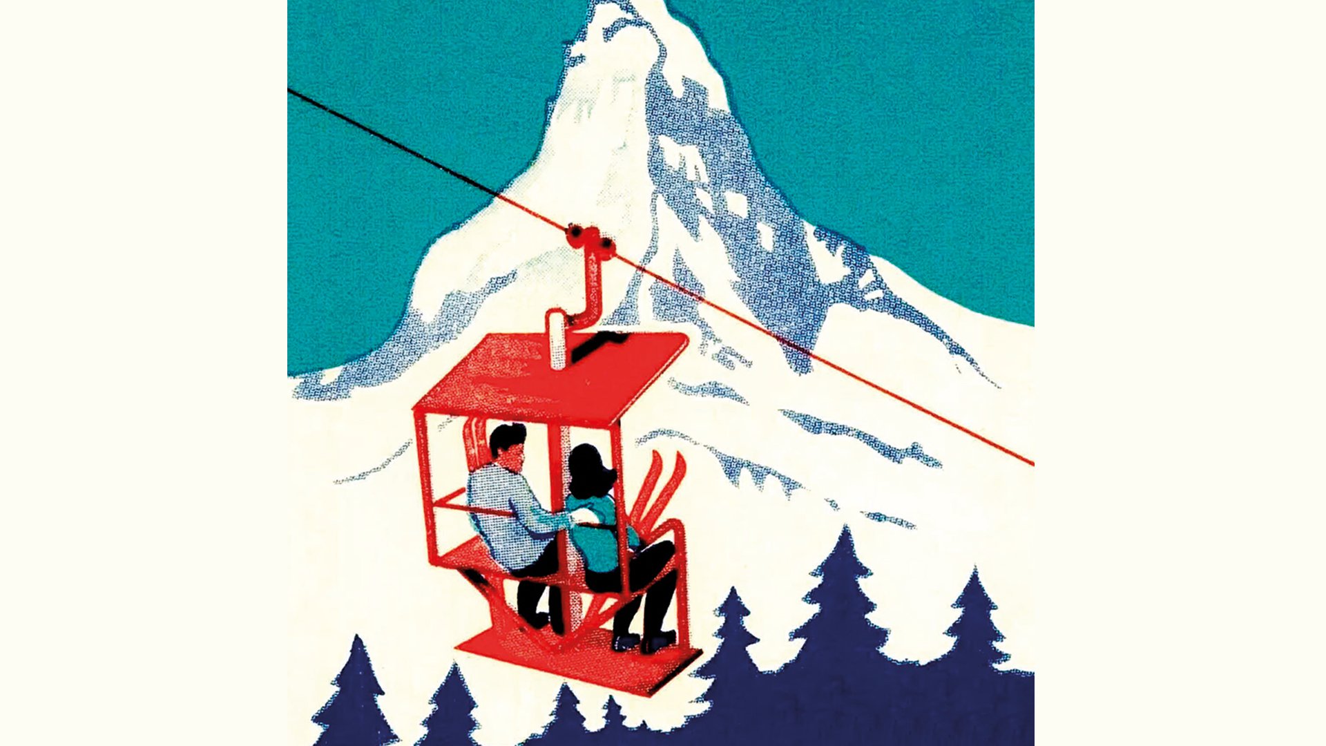 Illustration einer winterlichen Berglandschaft mit einer roten Seilbahngondel und einem Paar darin