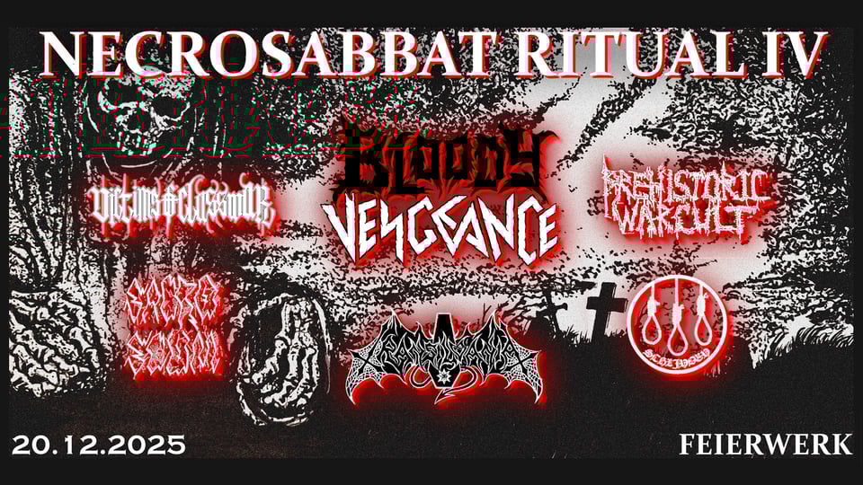 Plakat für das Event NECROSABBAT RITUAL IV, im Metal-Stil mit den Farben Schwarz, Rot und Weiß sowie den Logos der auftretenden Bands