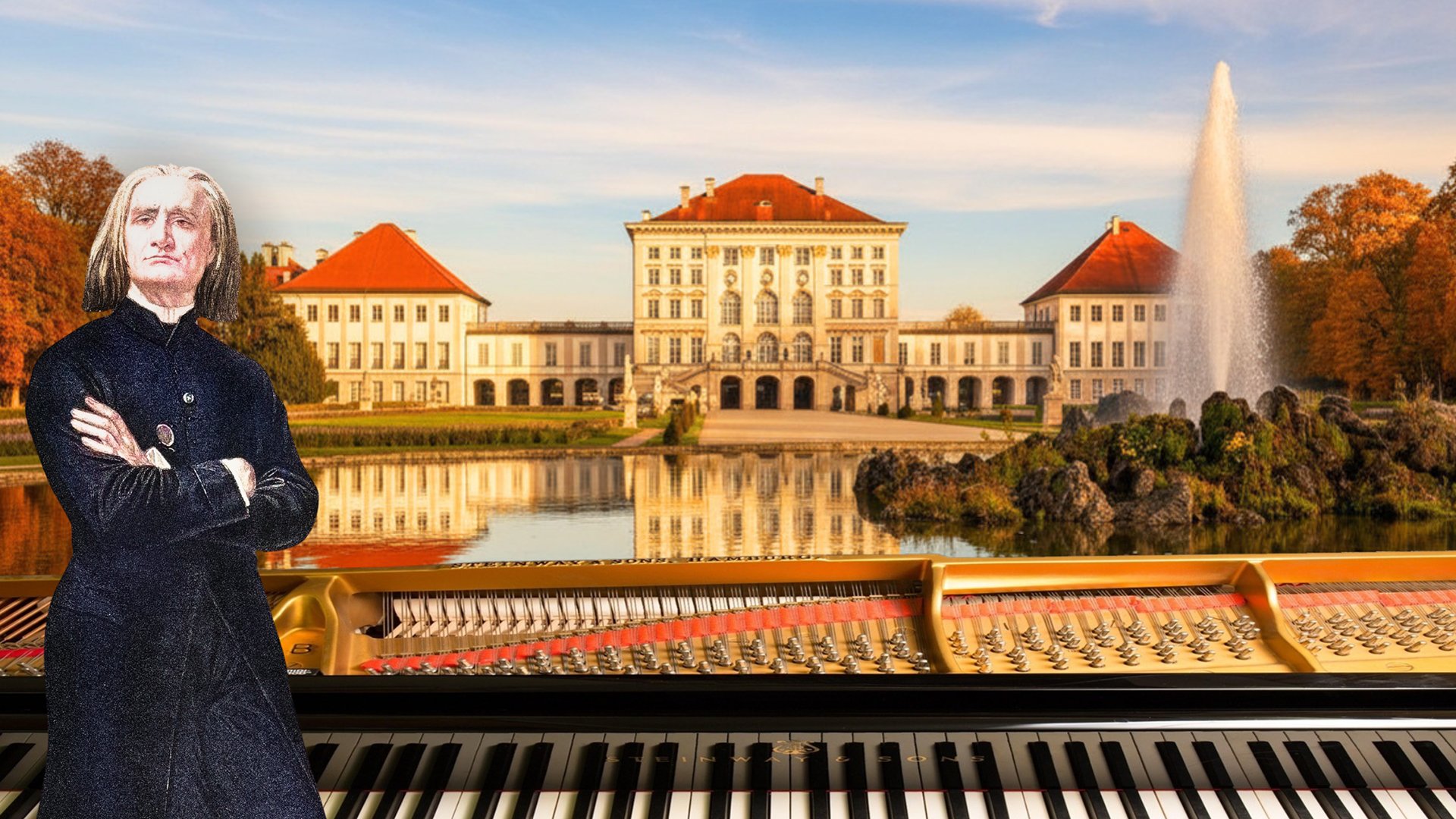 Historischer Komponist vor einem Schloss mit Seeblick und einem Klavier im Vordergrund.