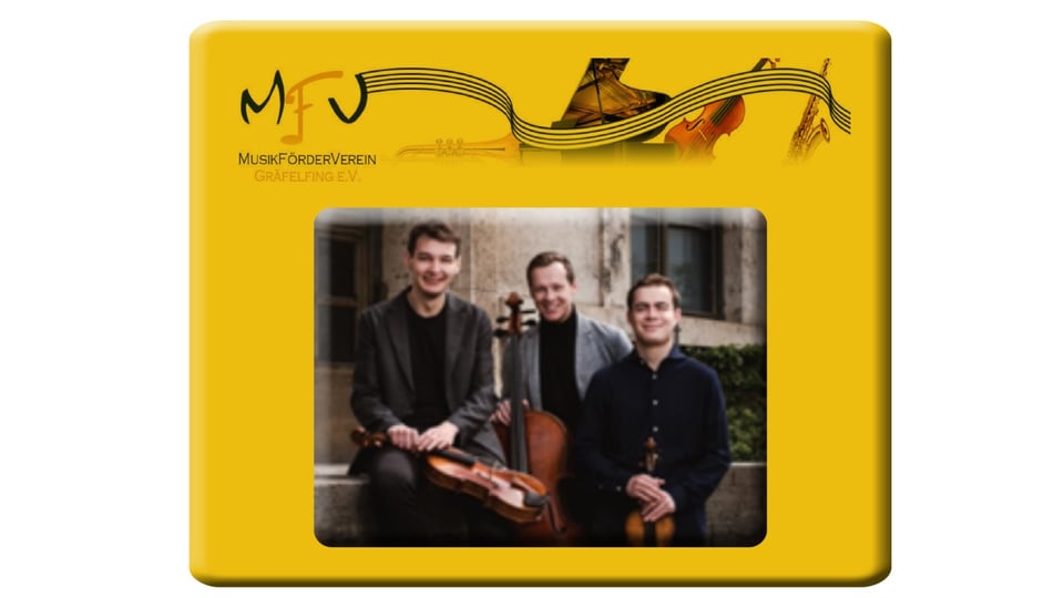 Eine Collage aus einem gelben Schild, innerhalb dessen ein Foto der Musiker von Weber Trio