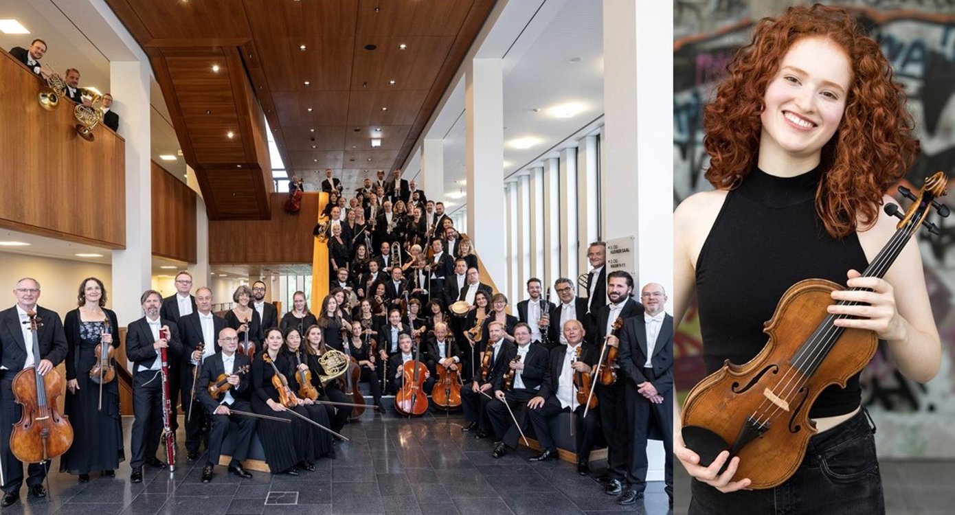 Foto des Orchesters in einem Gebäude mit einer Treppe, und rechts ein weiteres Foto eines Mädchens mit lockigem Haar und einem Instrument.