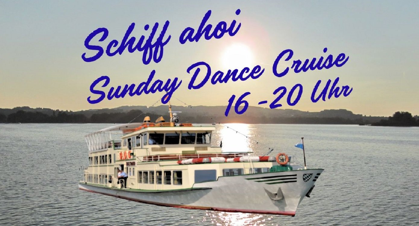 Grafik von See mit Schiff und blauer Aufschrift