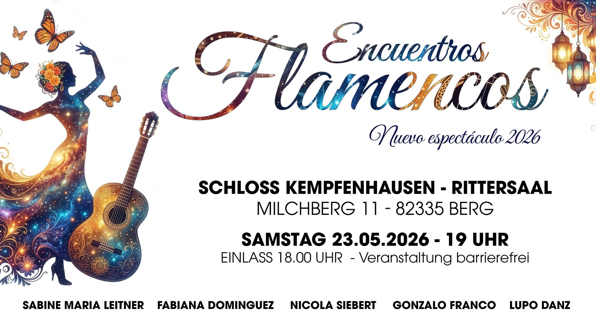 Veranstaltungsplakat „Encuentros Flamencos“ mit Flamenco-Tänzerin und Gitarre, Ankündigung der Flamenco-Veranstaltung im Schloss Kempfenhausen am Starnberger See am 23.05.2026.