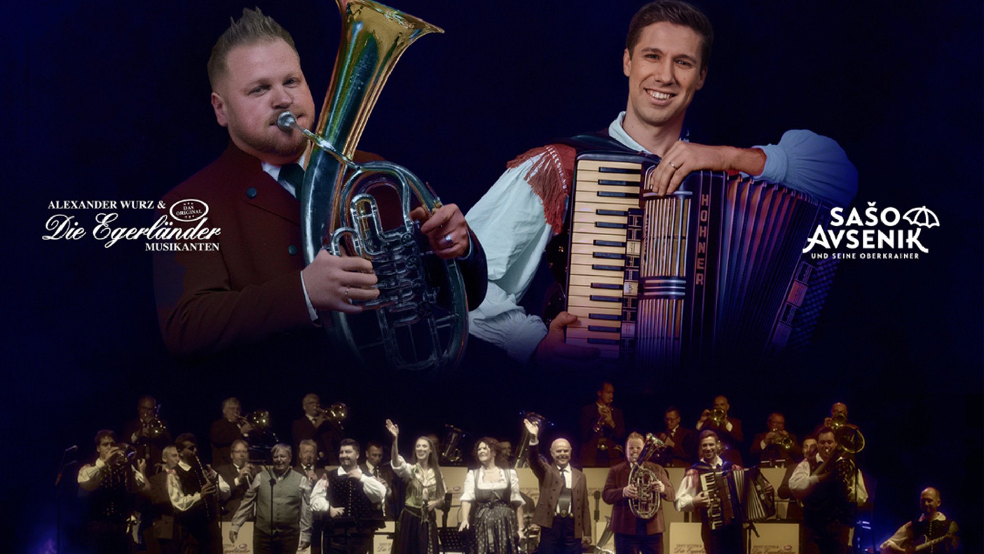 Foto für das Event ‚Das ultimative Gipfeltreffen – Egerländer & Oberkrainer‘, mit einer Collage, in der oben zwei Künstler und unten ein Bild des Orchesters zu sehen sind