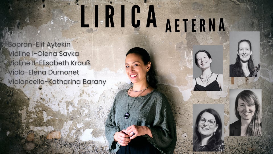 Eine Collage mit einem Bild einer Künstlerin und vier weiteren Portrais sowie Aufschrift