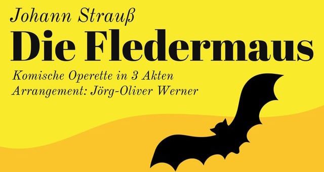 Fledermaus mit Text auf gelb-orangem Hintergrund