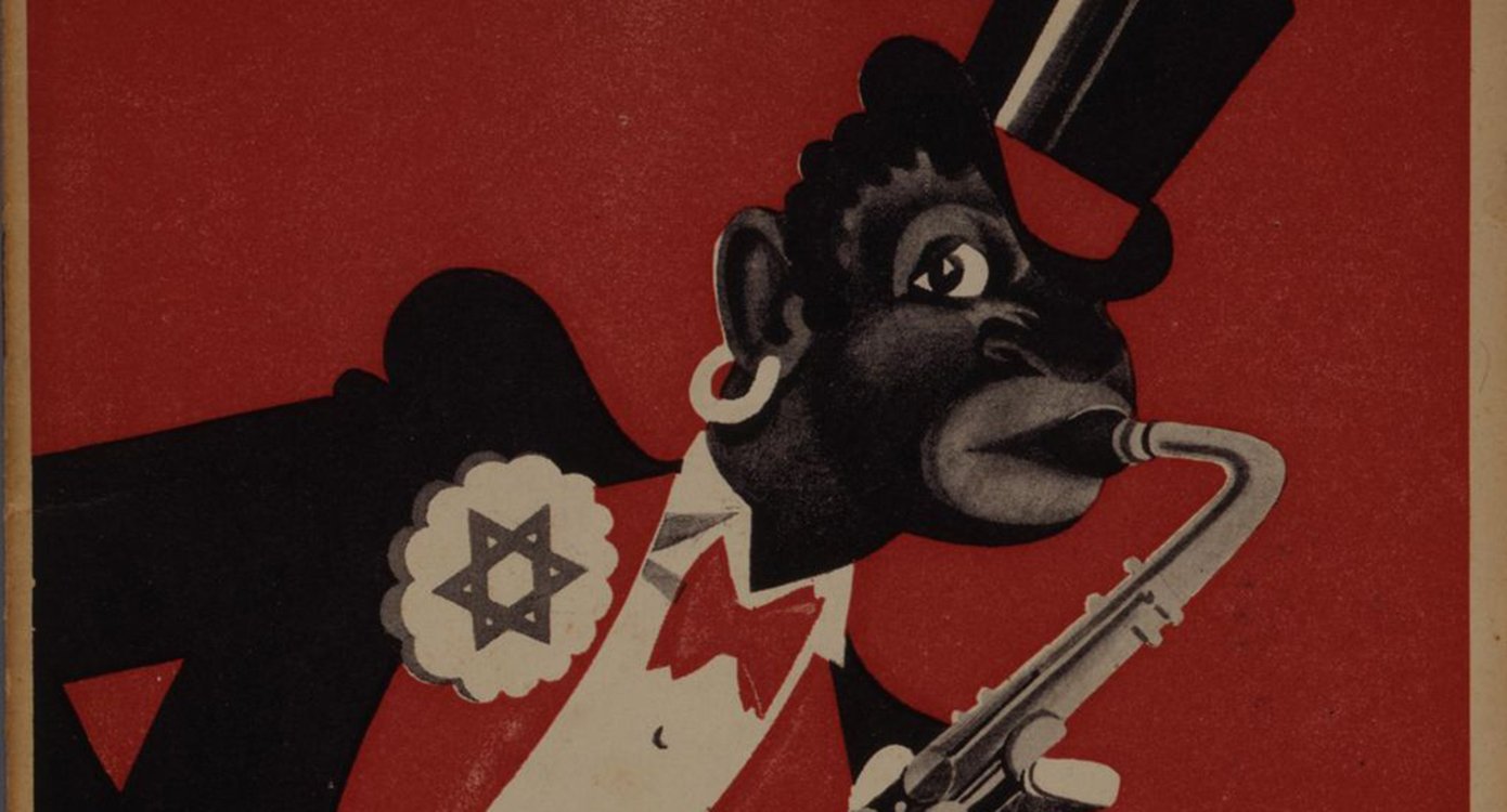 Rotes Plakat mit einem Affen, der ein Instrument spielt