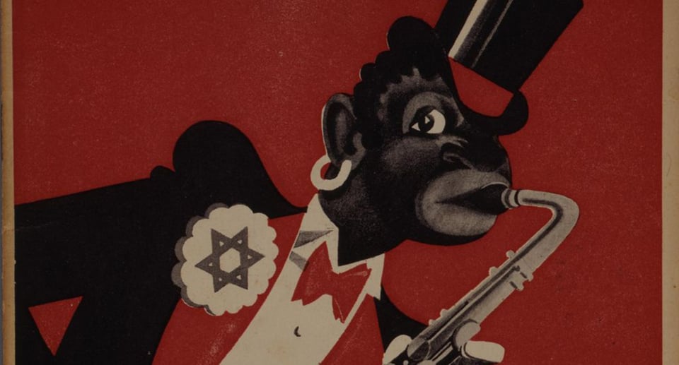 Rotes Plakat mit einem Affen, der ein Instrument spielt