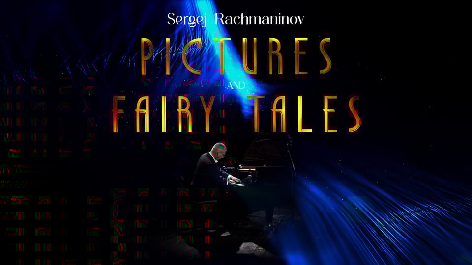 Foto von Ralf Schnell von hinten, der Klavier spielt mit der Aufschrift "Pictures and Fairy Tales" in gold