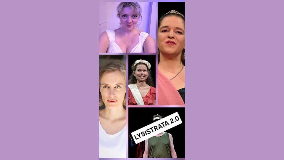 Collage aus mehreren Porträts von Darstellenden vor violettem Hintergrund, darunter Bühnenfoto, überlagert mit dem Schriftzug LYSISTRATA 2.0