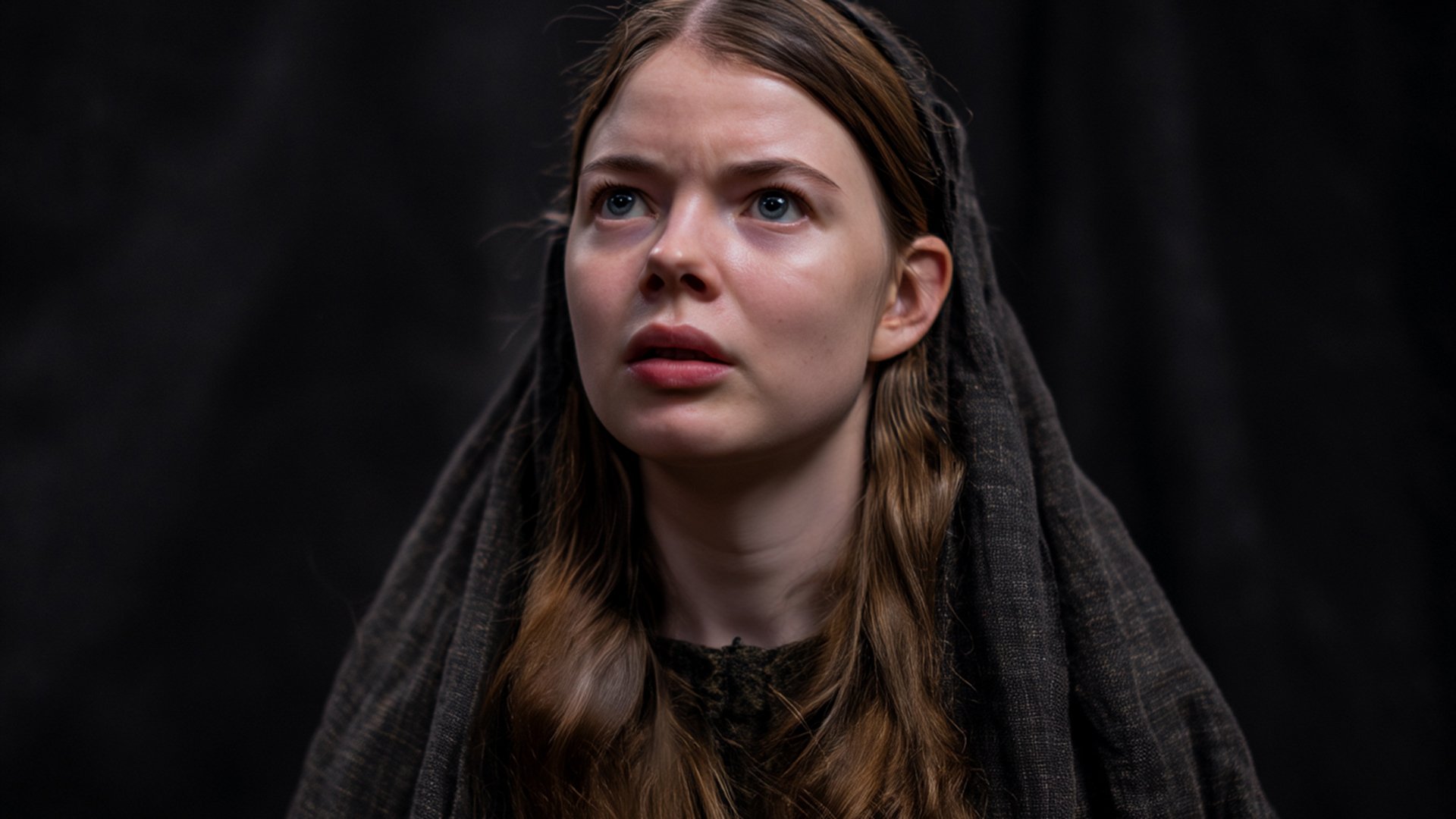 Ein Portrait einer Darstellerin mit einem schwarzen Umhang