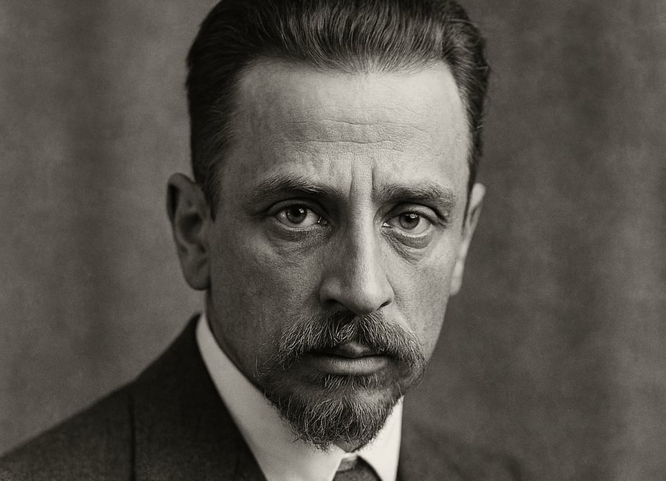 Foto eines Mannes mit Schnurrbart in Schwarz-Weiß.