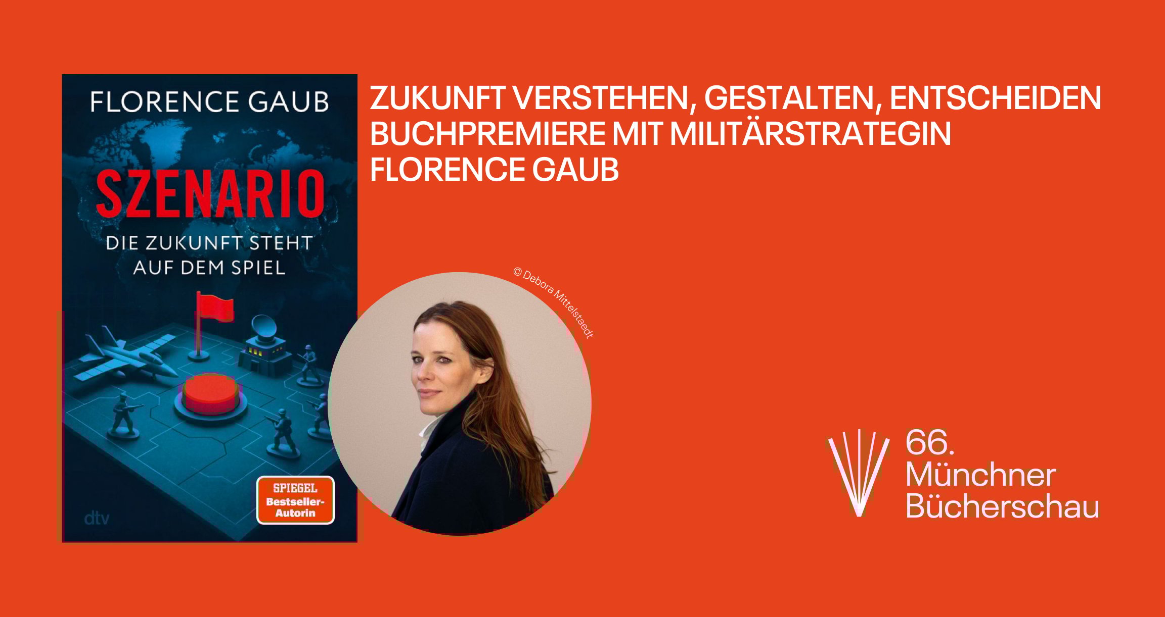 Grafik mit orangenem Hintergrund, einem Buchcover und ein Personenfoto