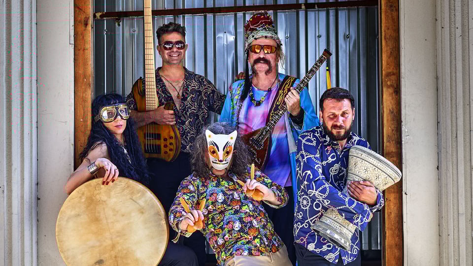 Ein Foto für das BaBa ZuLa-Event mit verkleideten Künstlern und Instrumenten