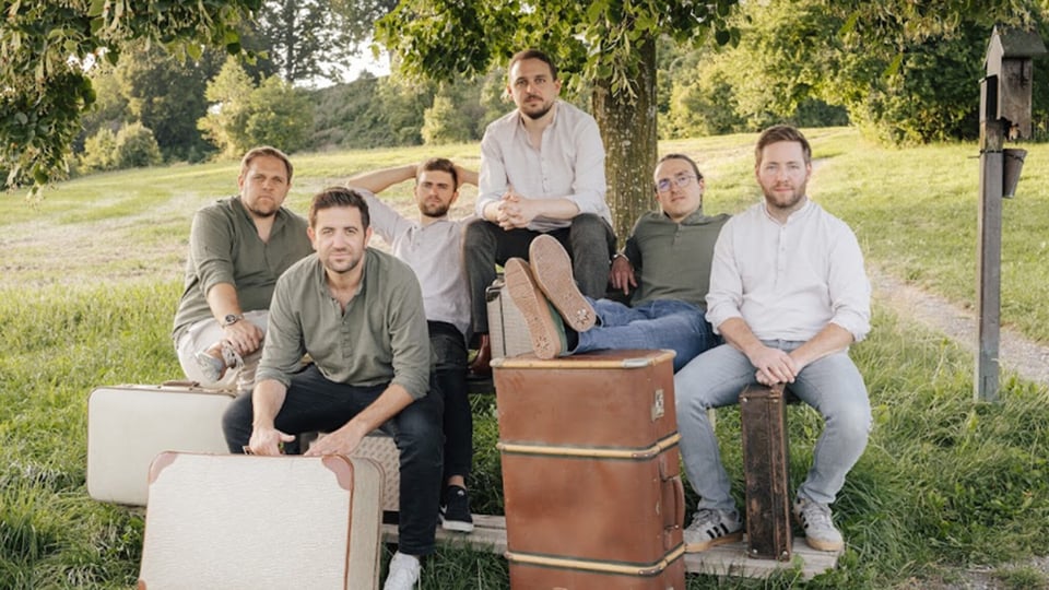 Band Strawanza mit sechs Musikern im Freien unter einem Baum, sitzend auf Koffern, Gruppenfoto für ein Konzert im Bereich Folk, Pop und alternative Musik.
