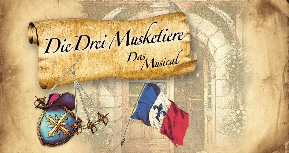 Gezeichnetes Bild mit Schild, Schwertern und Flagge und Banner mit Aufschrift