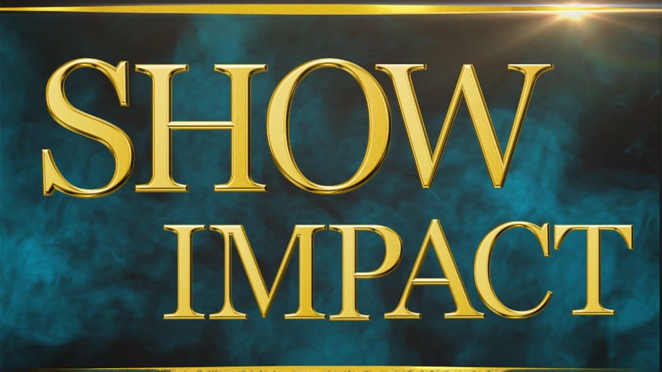 Das Plakat für das Event „Show Impact präsentiert“ – mit goldener Typografie auf grünem Hintergrund und einem Rauch-Effekt.