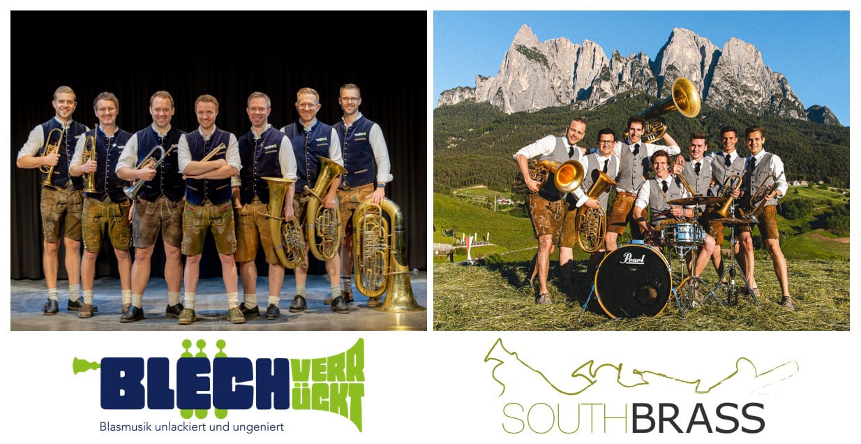 Collage von Blechverrückt und Southbrass in Tracht mit ihren Instrumenten