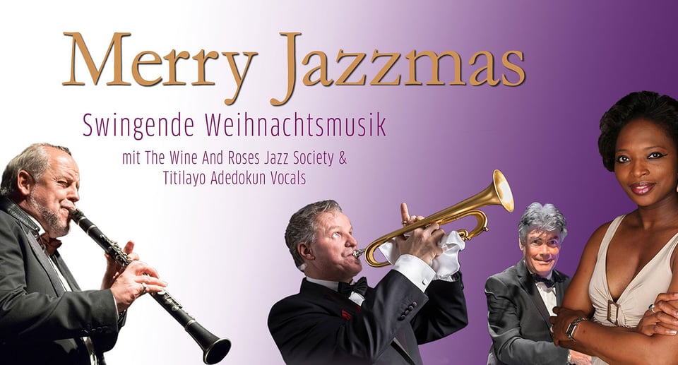 Das Plakat der Veranstaltung mit einer Collage aus drei Männern mit Instrumenten und einer Frau, vor einem lila Farbverlauf im Hintergrund