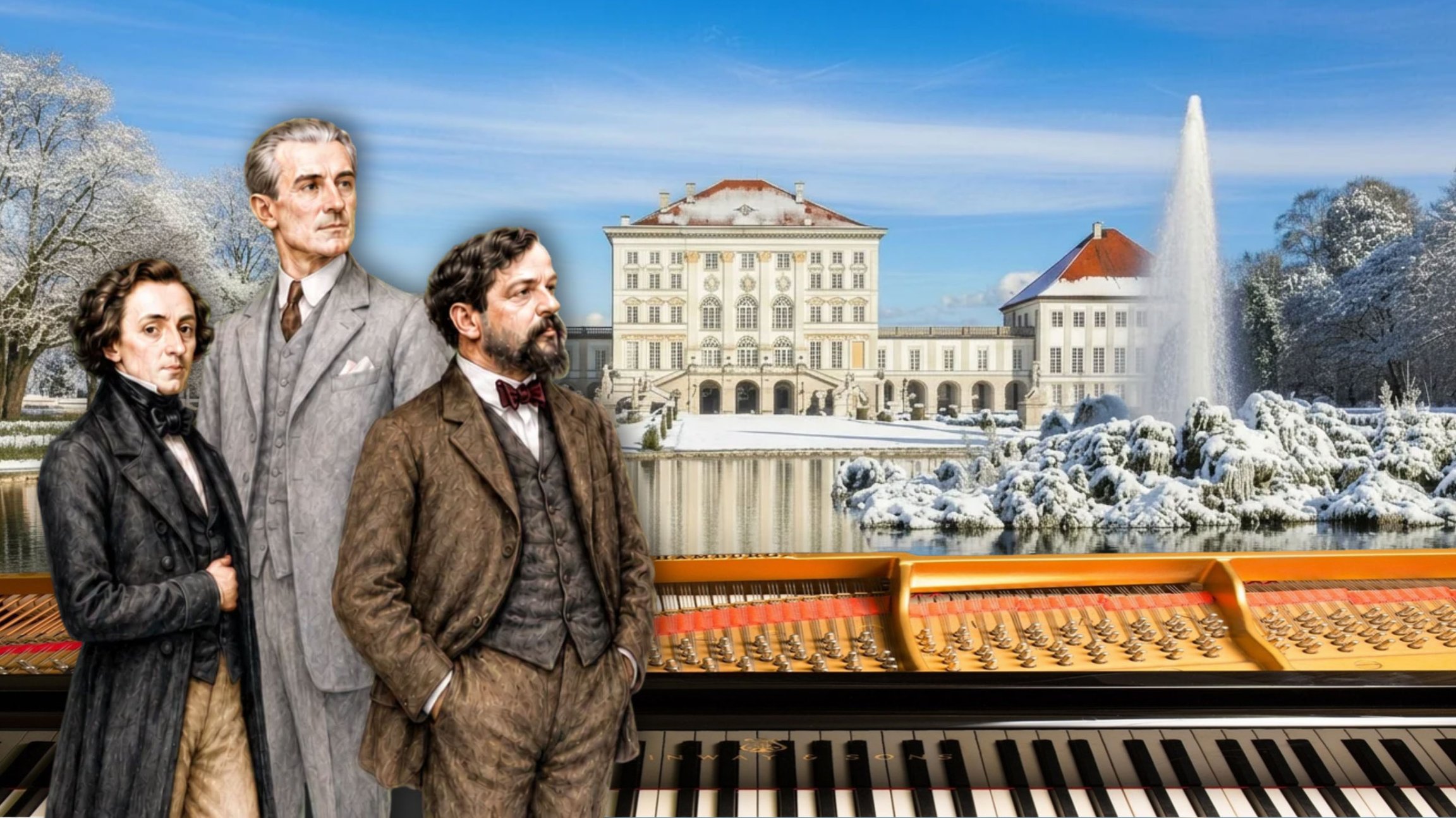 Illustration von Frédéric Chopin, Maurice Ravel und Claude Debussy vor dem winterlichen Schloss Nymphenburg mit Konzertflügel im Vordergrund.
