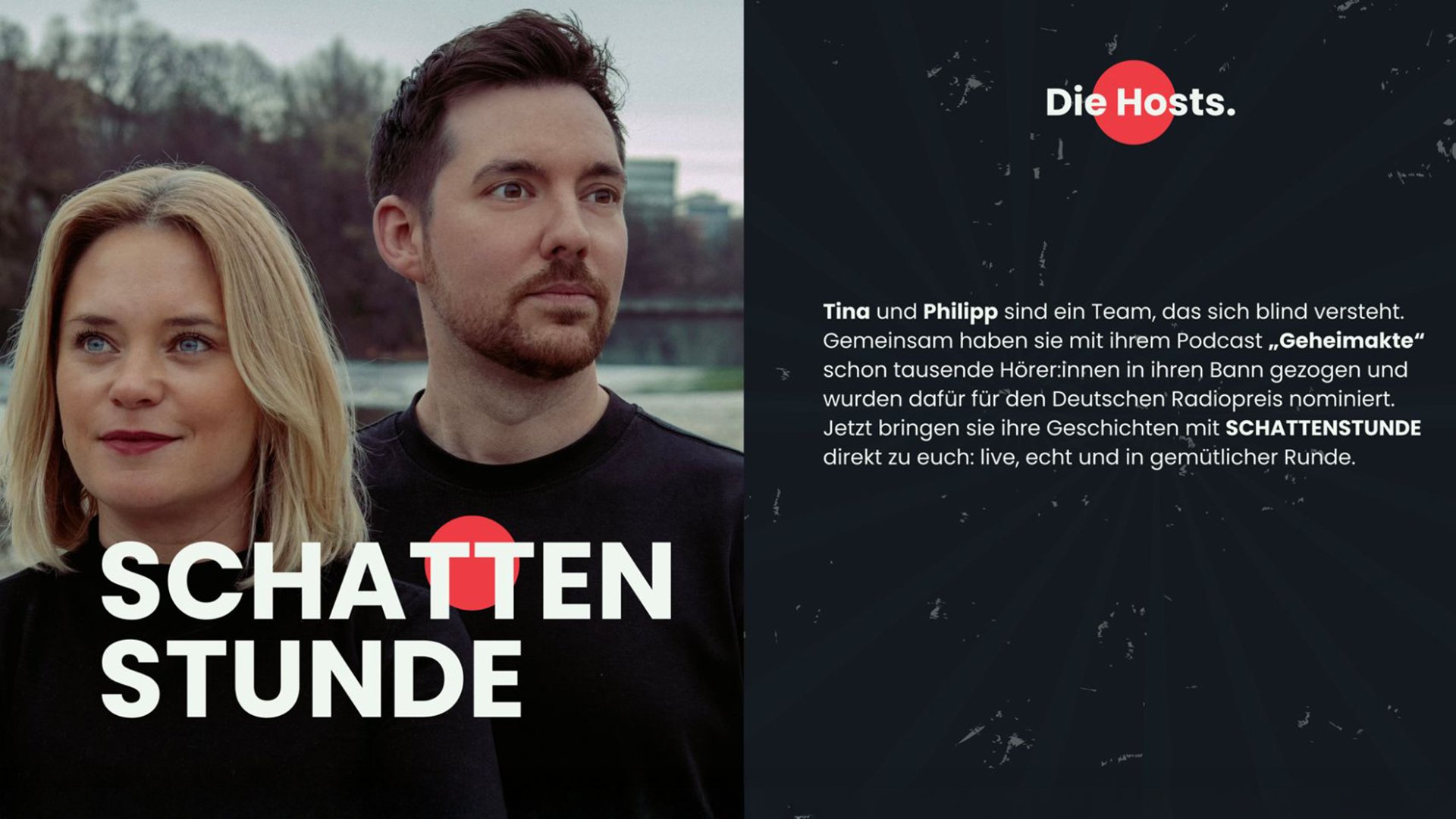 Collage aus einem Foto der beider Darsteller und einer Inhaltsangabe auf schwarzem Hintergrund