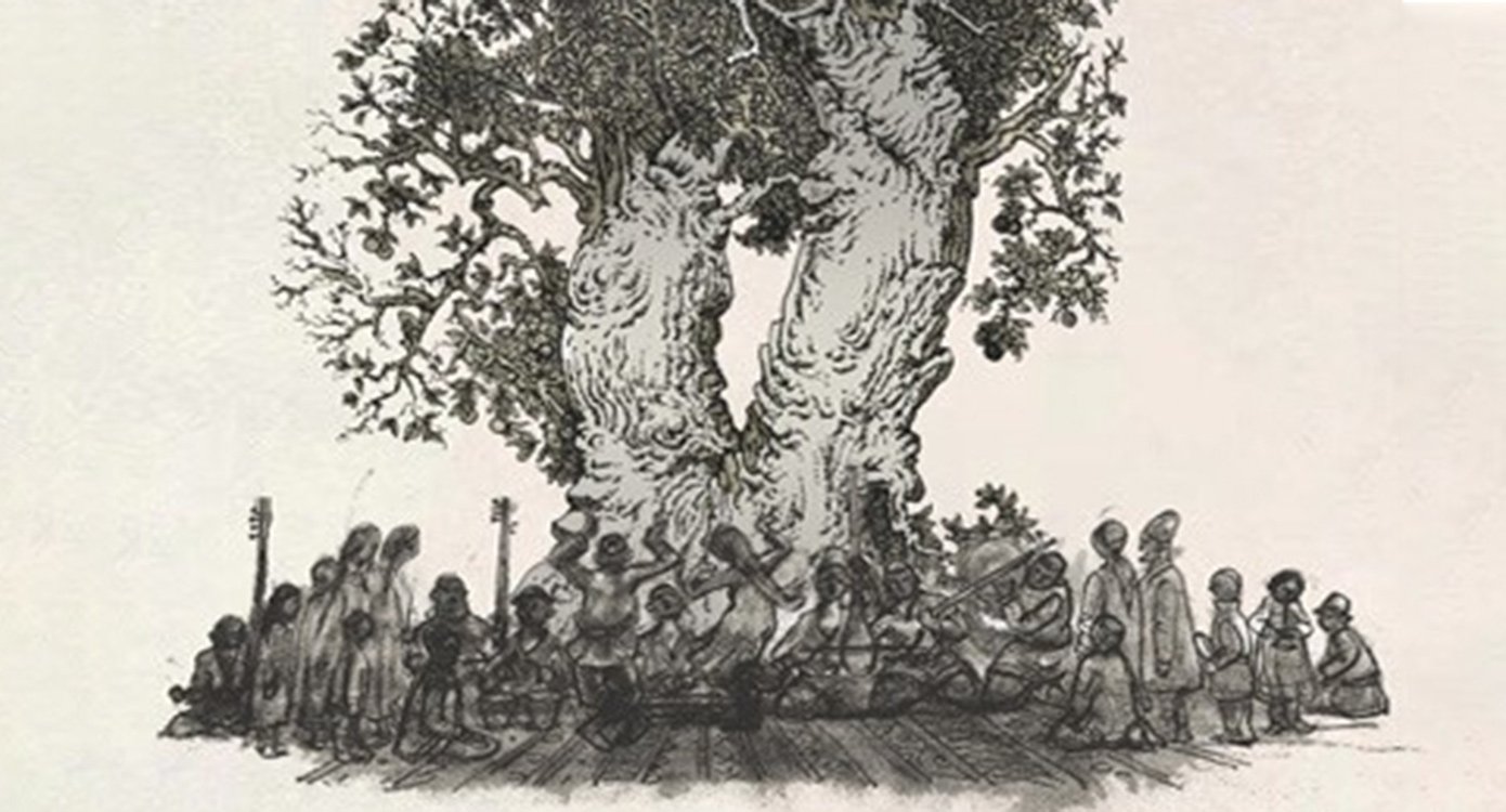 Zeichnung von einem Baum mit Figuren davor in sepia