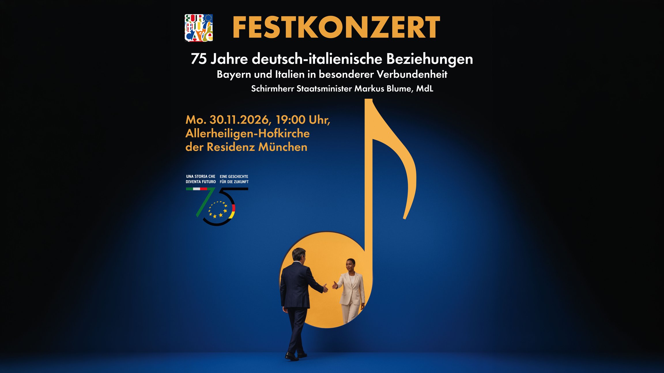 Plakat zum Festkonzert 75 Jahre deutsch-italienische Beziehungen mit großer Musiknote auf blauem Hintergrund